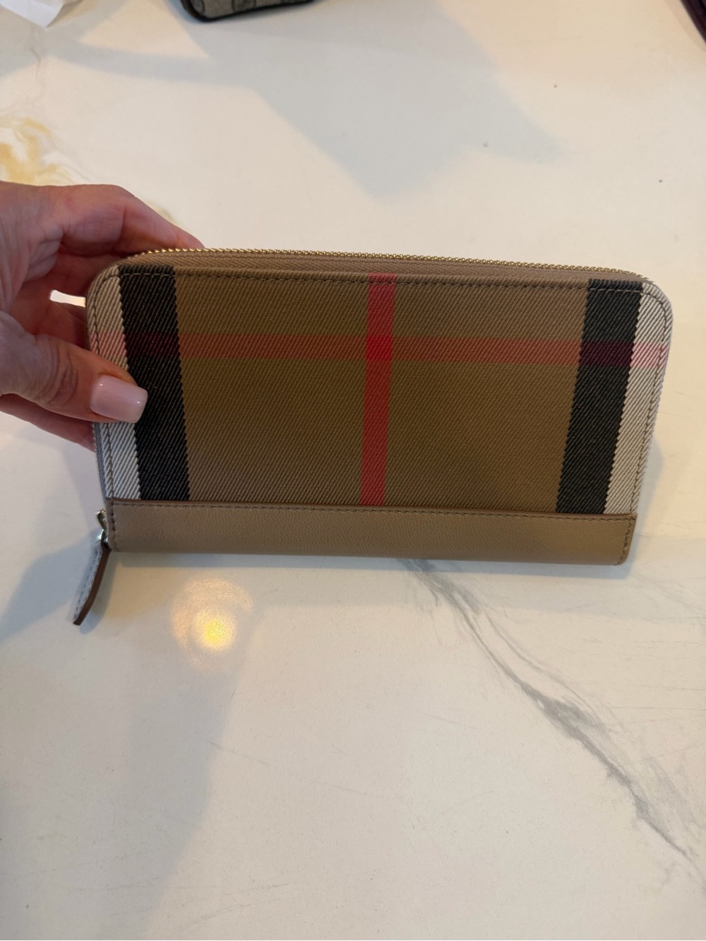 Burberry Beige/Tan Check Zip Wallet with Red Accent